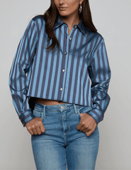 Front view of blue striped satin high-low blouse