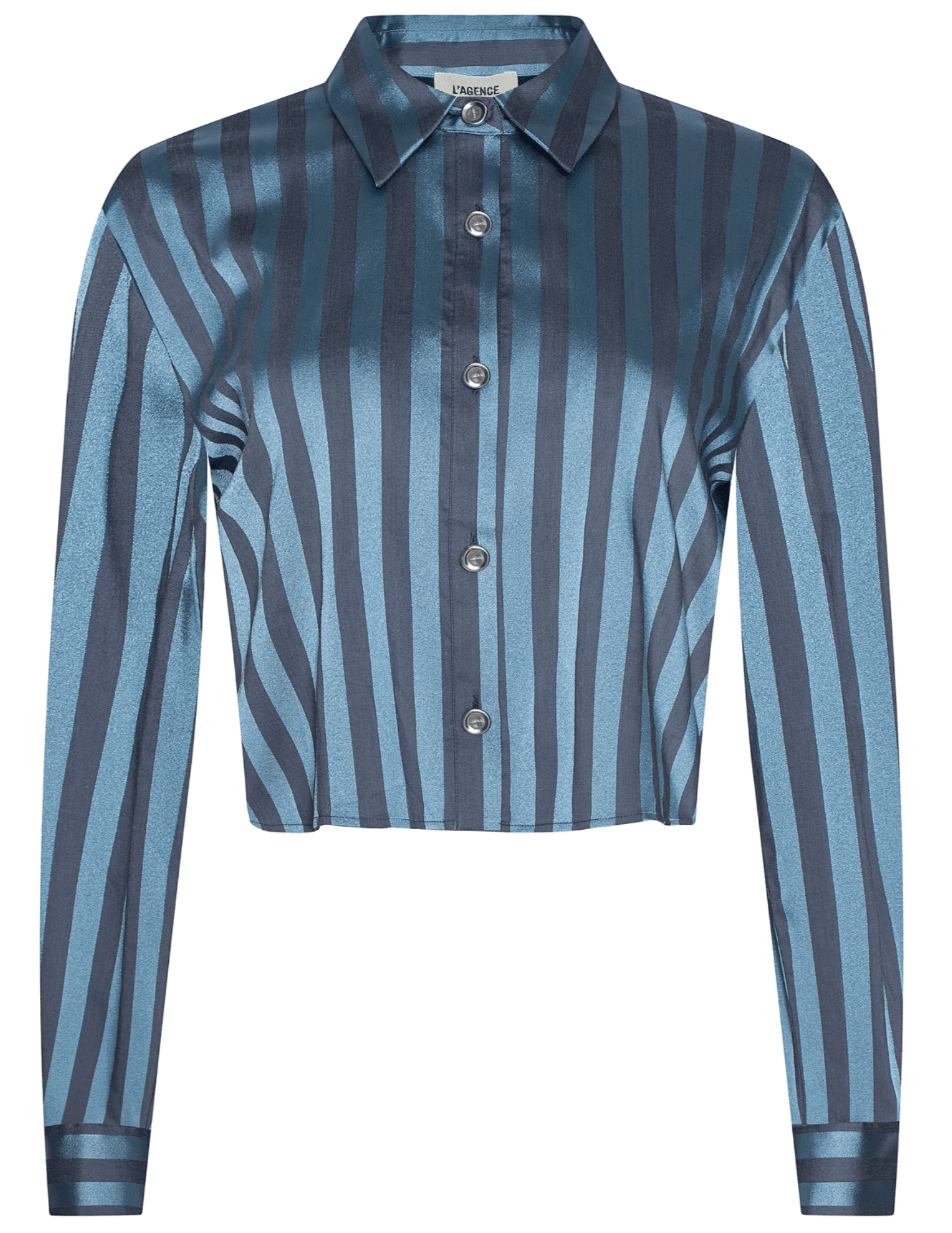 L’AGENCE Cosette satin cropped blouse in blue multi stripe