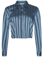 L’AGENCE Cosette satin cropped blouse in blue multi stripe