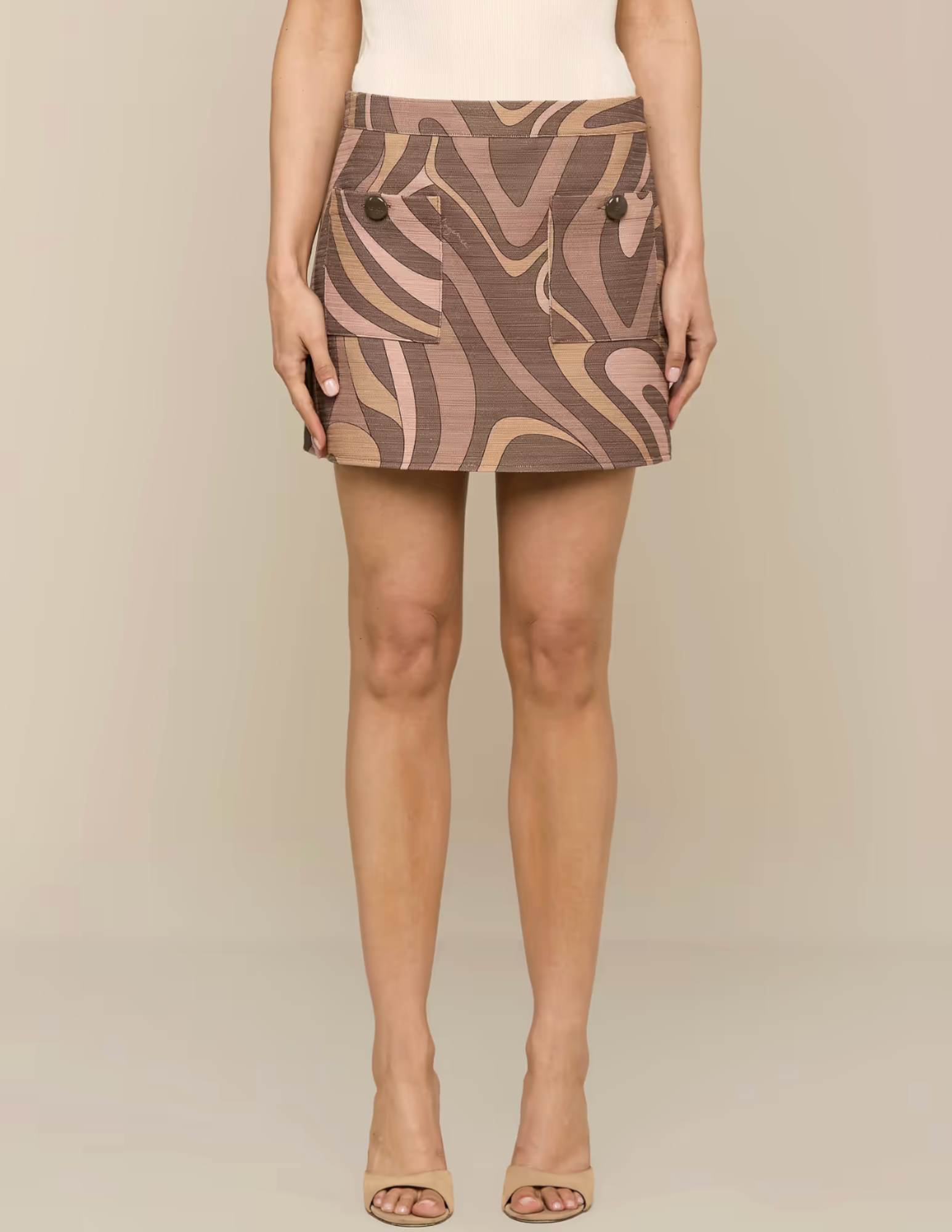 L'AGENCE Cyra Low Rise Mini Skirt in Sepia Brown Multi Abstract Swirl front view