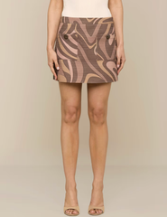 L'AGENCE Cyra Low Rise Mini Skirt in Sepia Brown Multi Abstract Swirl front view