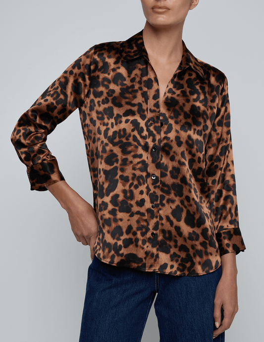 L’AGENCE Dani Three Quarter Sleeve Silk Blouse in leopard print, front view.