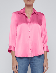 L’AGENCE Dani Pinktober Silk Blouse in bright rosy pink, three-quarter sleeves, front view.”