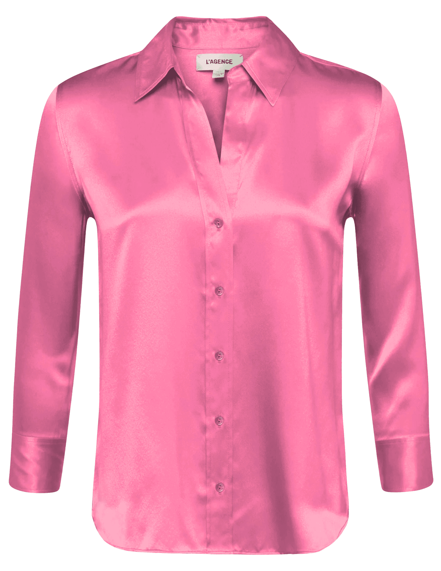L’AGENCE Dani Pinktober Silk Blouse in bright rosy pink, three-quarter sleeves