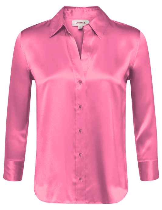 L’AGENCE Dani Pinktober Silk Blouse in bright rosy pink, three-quarter sleeves