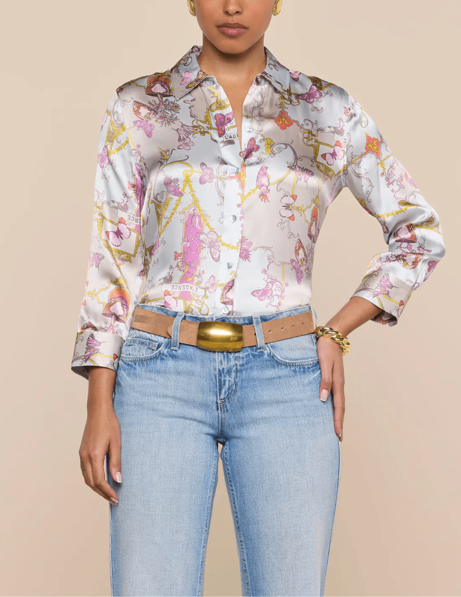 L’Agence Dani silk blouse in baroque toile print front view