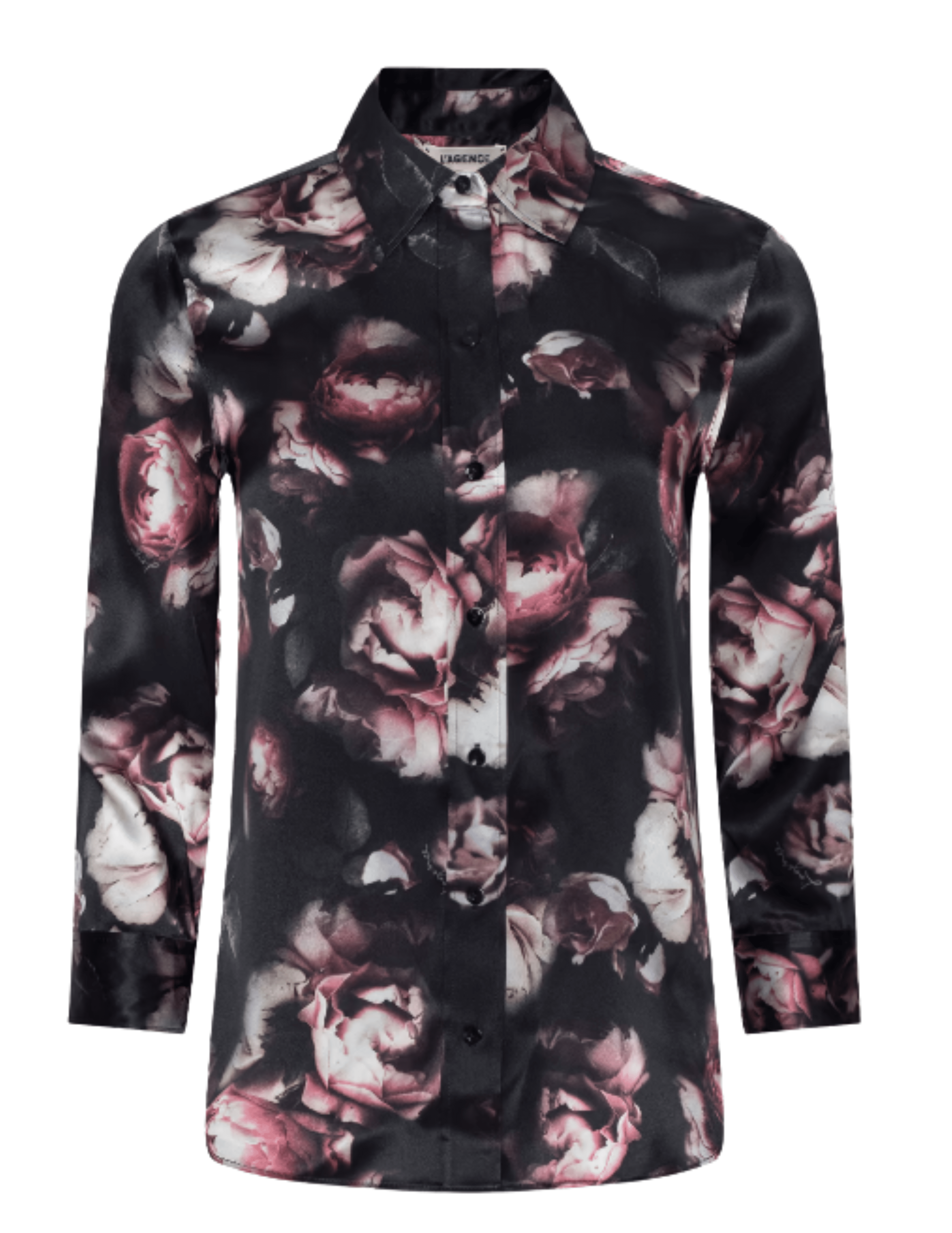L'AGENCE Dani floral silk blouse showcasing its high-low shirttail hem and romantic distressed rose pattern.