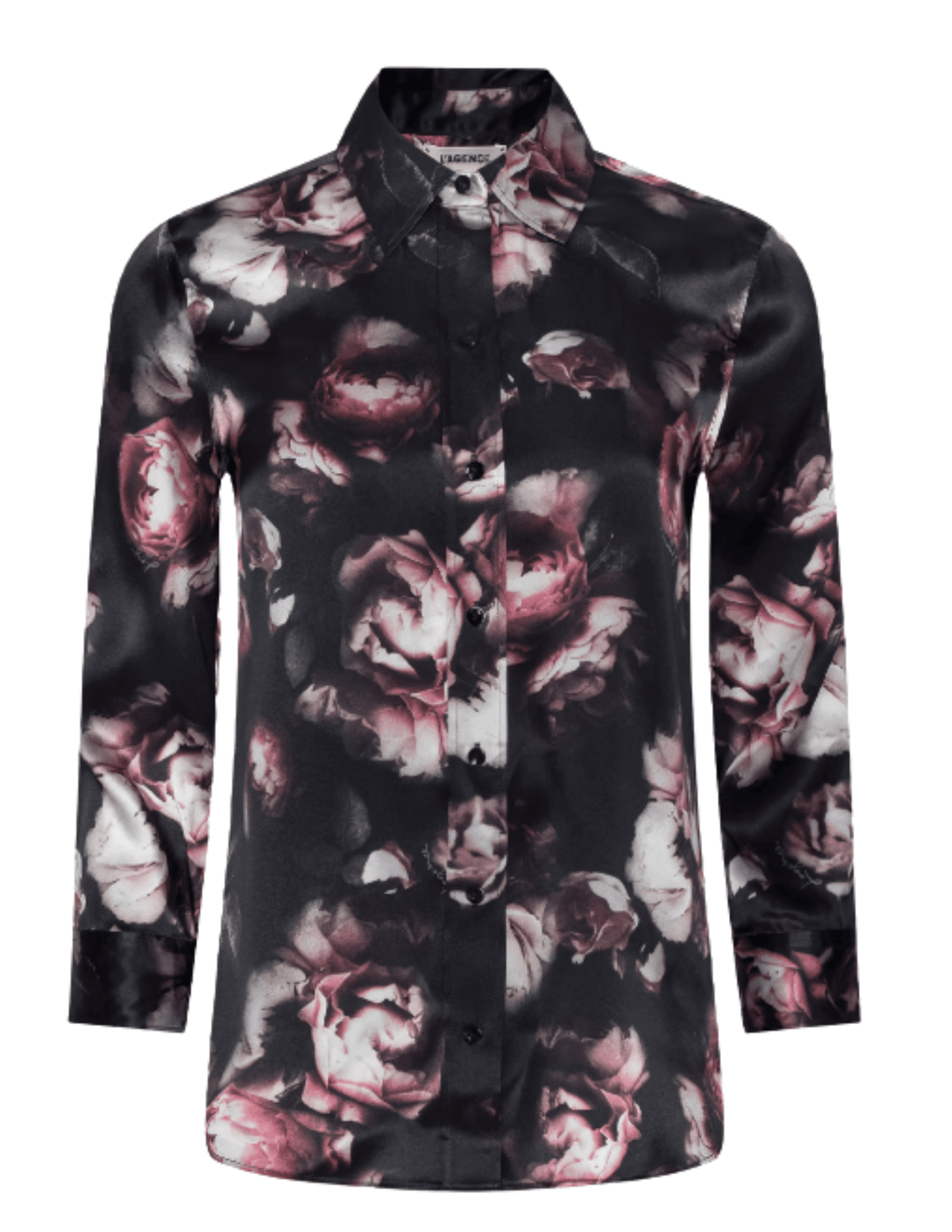 L'AGENCE Dani floral silk blouse showcasing its high-low shirttail hem and romantic distressed rose pattern.