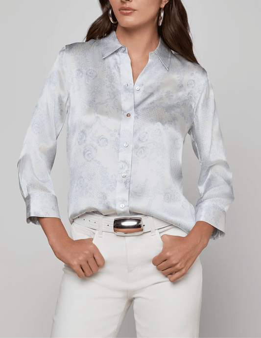 Front view of L'AGENCE Dani Three Quarter Sleeve Blouse in Ivory Pale Mist Blue Lace Print 