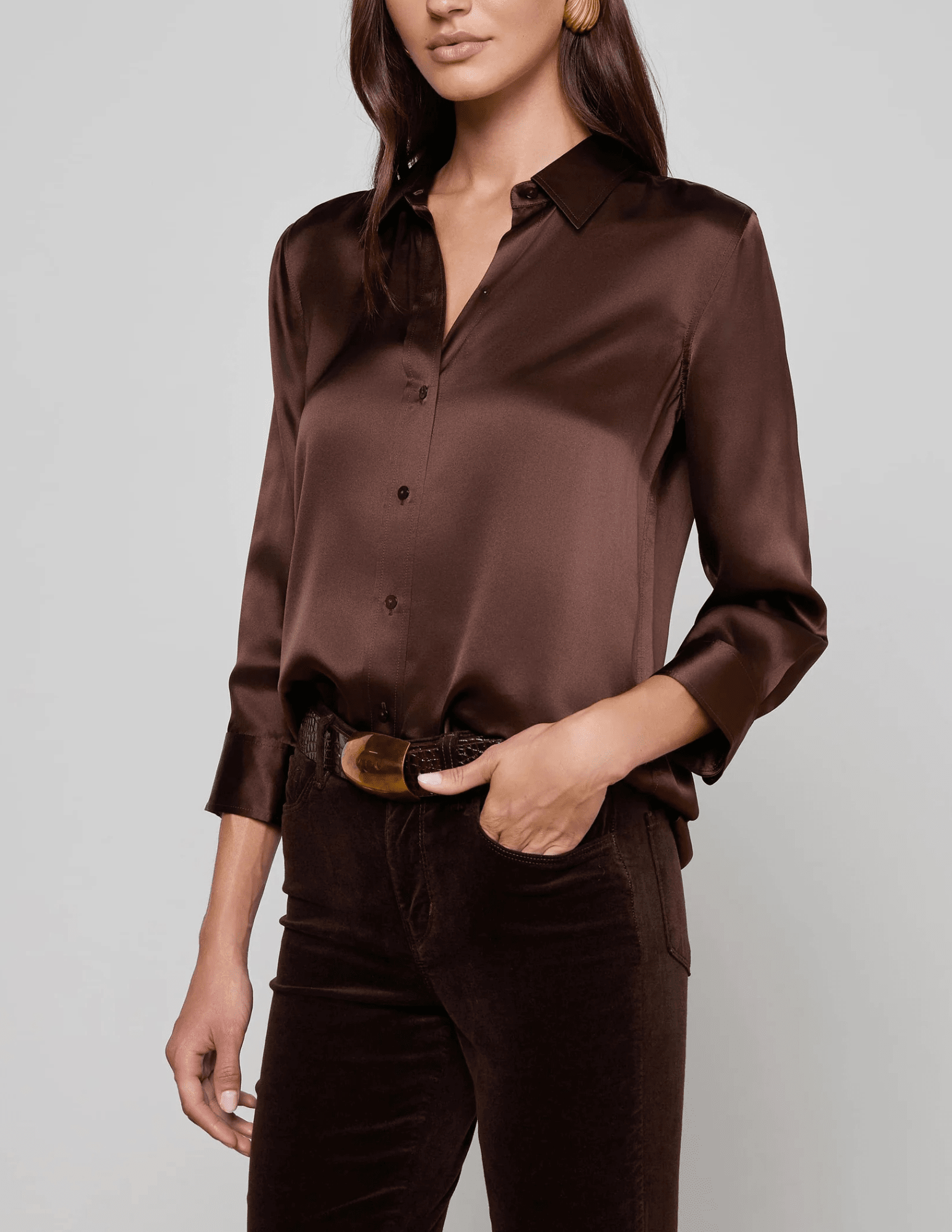 Side view of L’AGENCE Dani Three Quarter Sleeve Blouse in Coffee Bean
