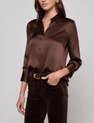 Side view of L’AGENCE Dani Three Quarter Sleeve Blouse in Coffee Bean