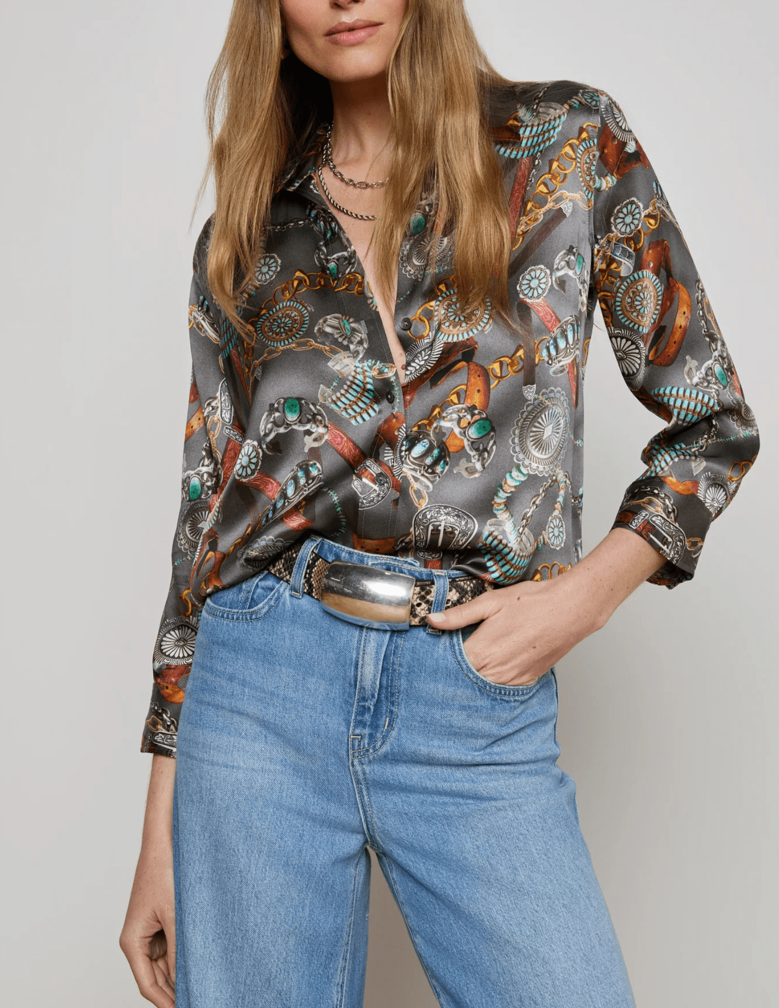 L’AGENCE Dani Three Quarter Sleeve Blouse in Multi Western Belt print