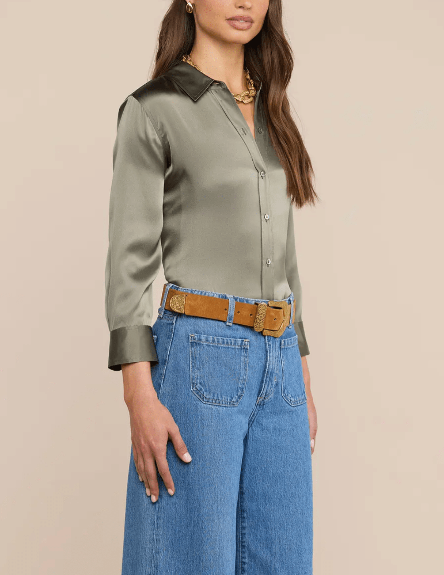 Side view of L'AGENCE Dani Smokey Olive silk blouse