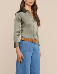 Side view of L'AGENCE Dani Smokey Olive silk blouse
