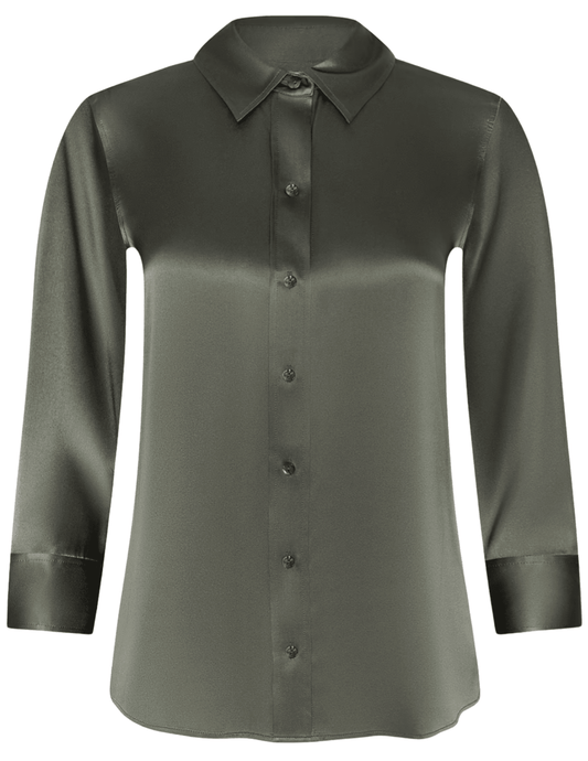 L'AGENCE Dani three quarter sleeve silk blouse in Smokey Olive