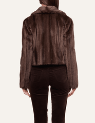 Back view of L’AGENCE Davy Cropped Faux Fur Jacket in Dark Java