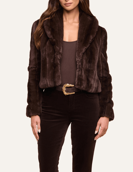 Front view of L’AGENCE Davy Cropped Faux Fur Jacket in Dark Java