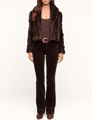 Full body view of L’AGENCE Davy Cropped Faux Fur Jacket in Dark Java