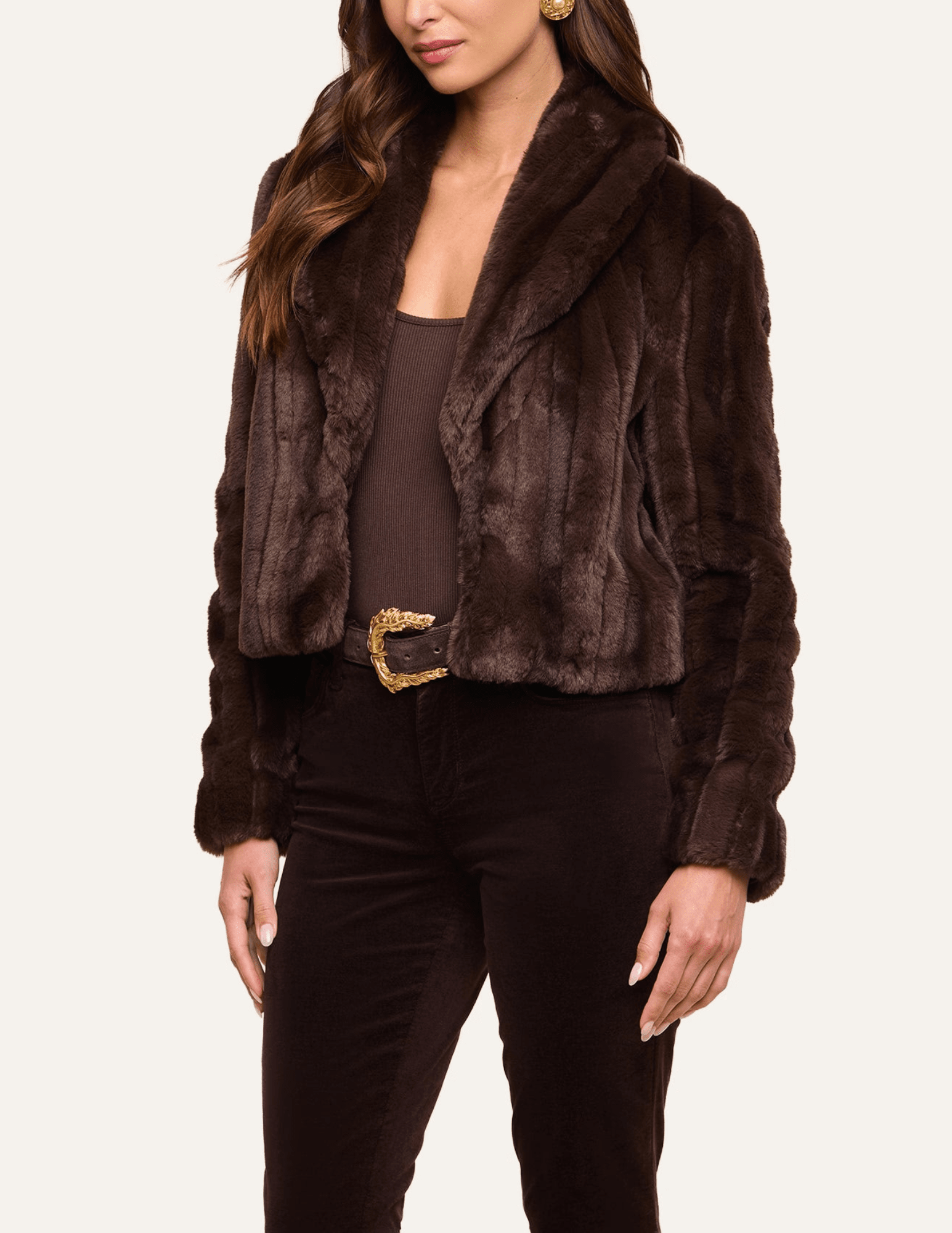 Side view of L’AGENCE Davy Cropped Faux Fur Jacket in Dark Java
