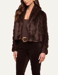 Side view of L’AGENCE Davy Cropped Faux Fur Jacket in Dark Java