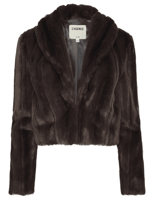 L’AGENCE Davy Cropped Faux Fur Jacket in Dark Java