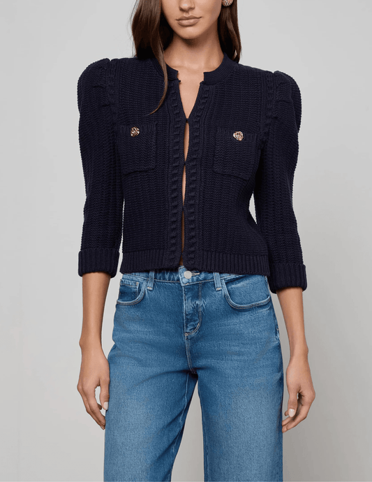 Front view of L’AGENCE Delli Cropped Textured Cardigan showing cropped hem.