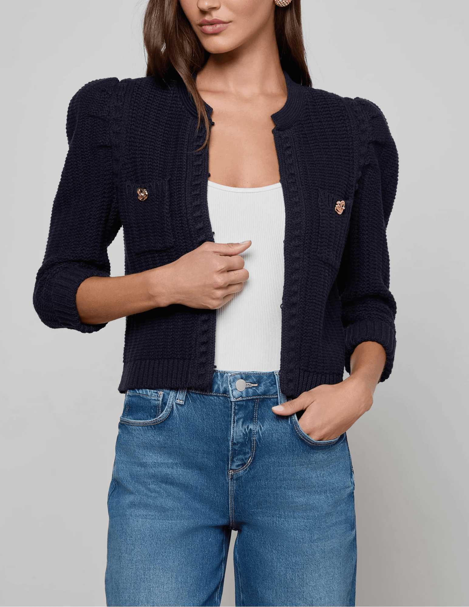 open view of L’AGENCE Delli Cropped Textured Cardigan showing cropped hem.