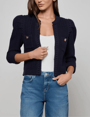 open view of L’AGENCE Delli Cropped Textured Cardigan showing cropped hem.