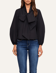 Front view of L'AGENCE Deon Tie-Neck Poplin Blouse in Black