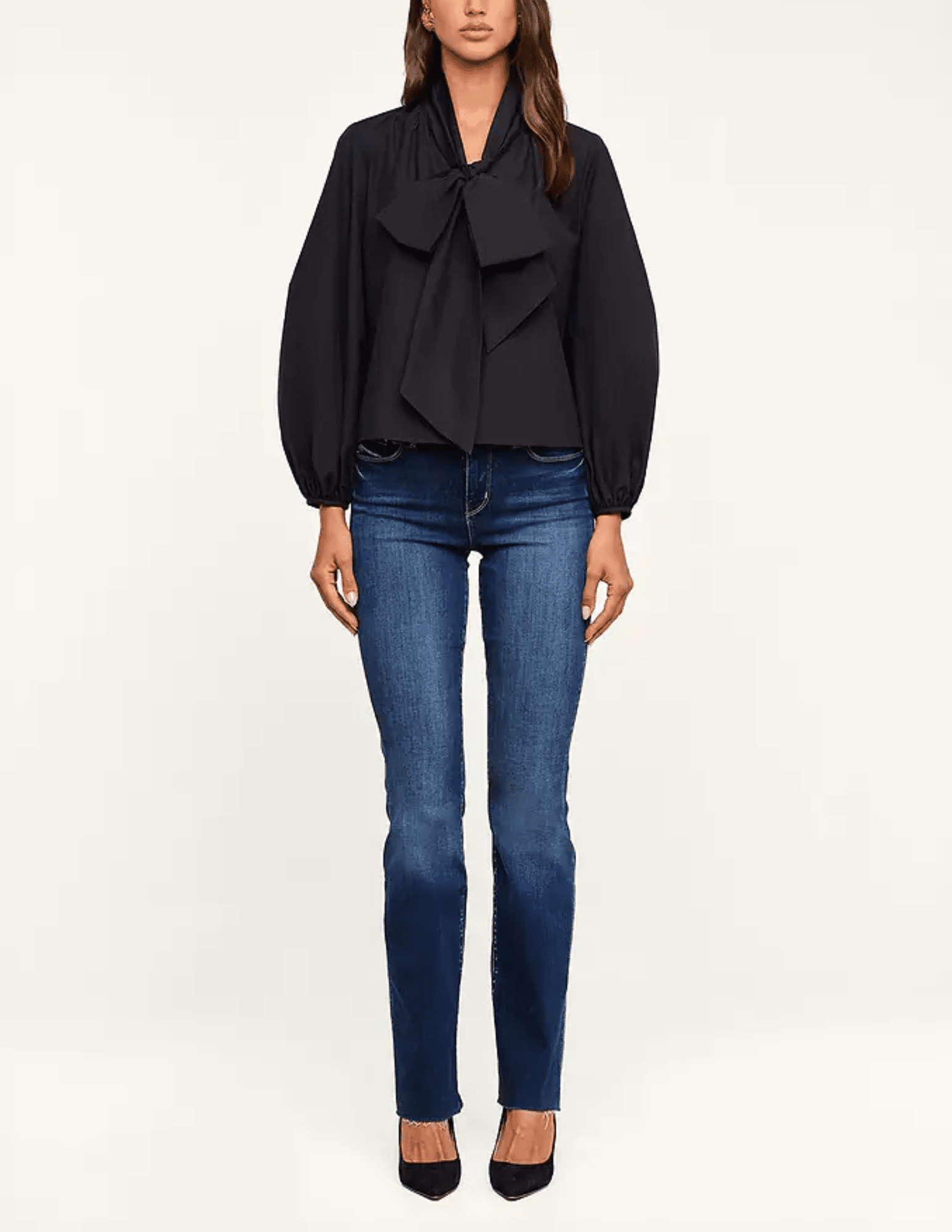 L'AGENCE Deon Tie-Neck Poplin Blouse in Black with jeans