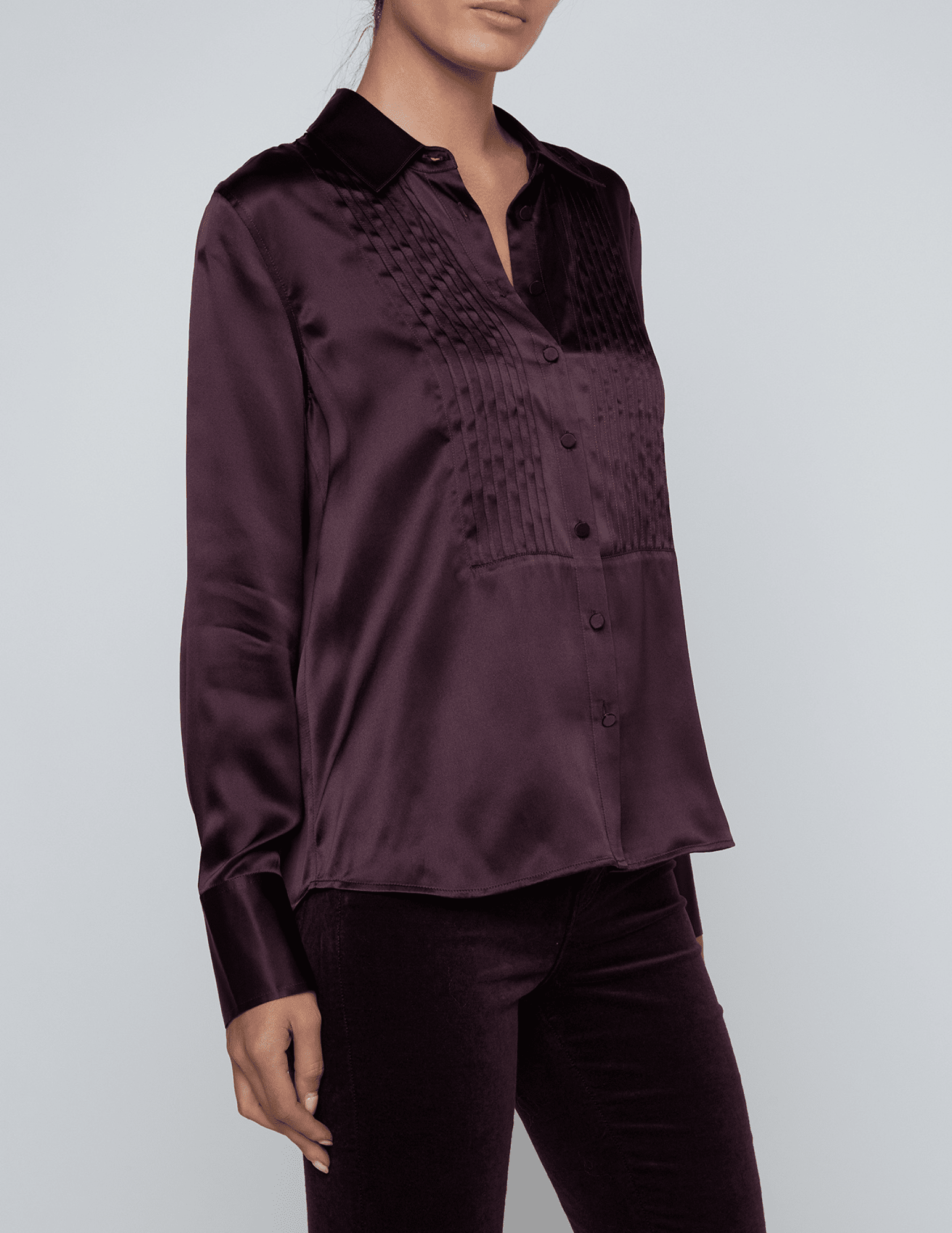 Silk blouse with pintuck detailing and satin buttons in burgundy by L’AGENCE.