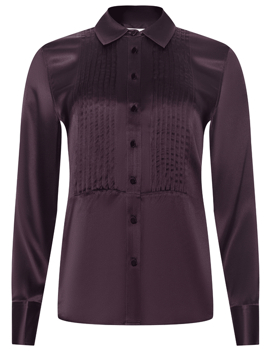 Silk blouse with pintuck detailing and satin buttons in burgundy by L’AGENCE.