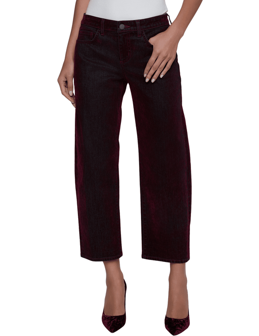 Front view of L’AGENCE Dolores Low Rise Bow Leg Jean in Bordeaux dark red wash