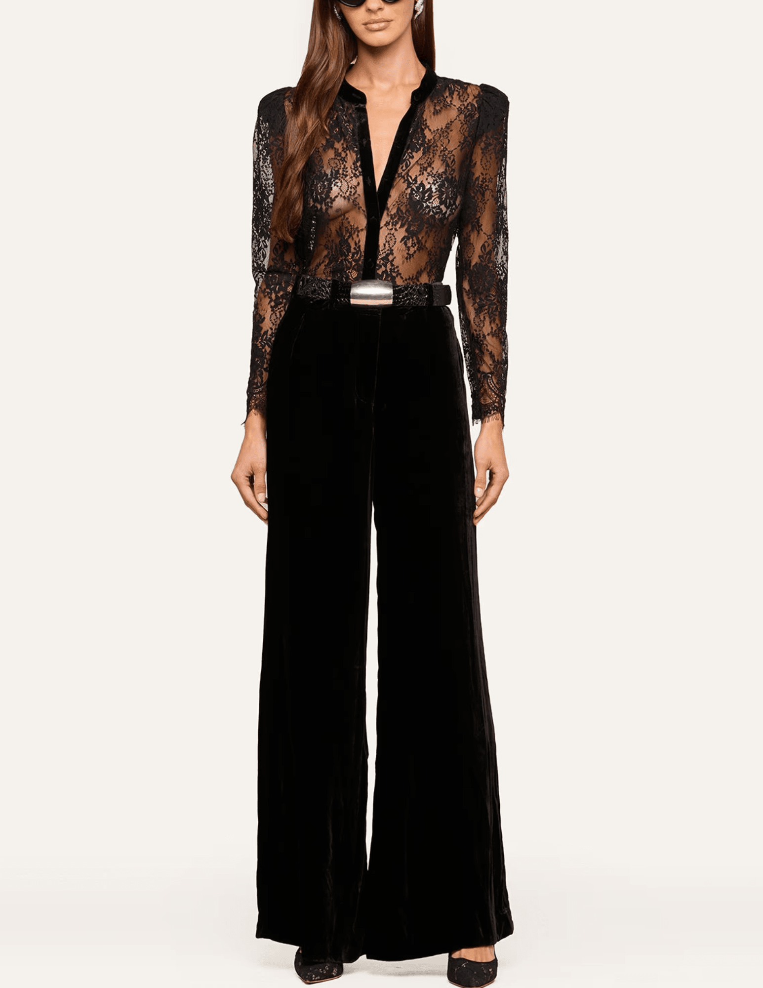L'AGENCE Dorothea Lace Velvet Blouse in Black paired with wide-leg trousers for an elegant evening outfit.