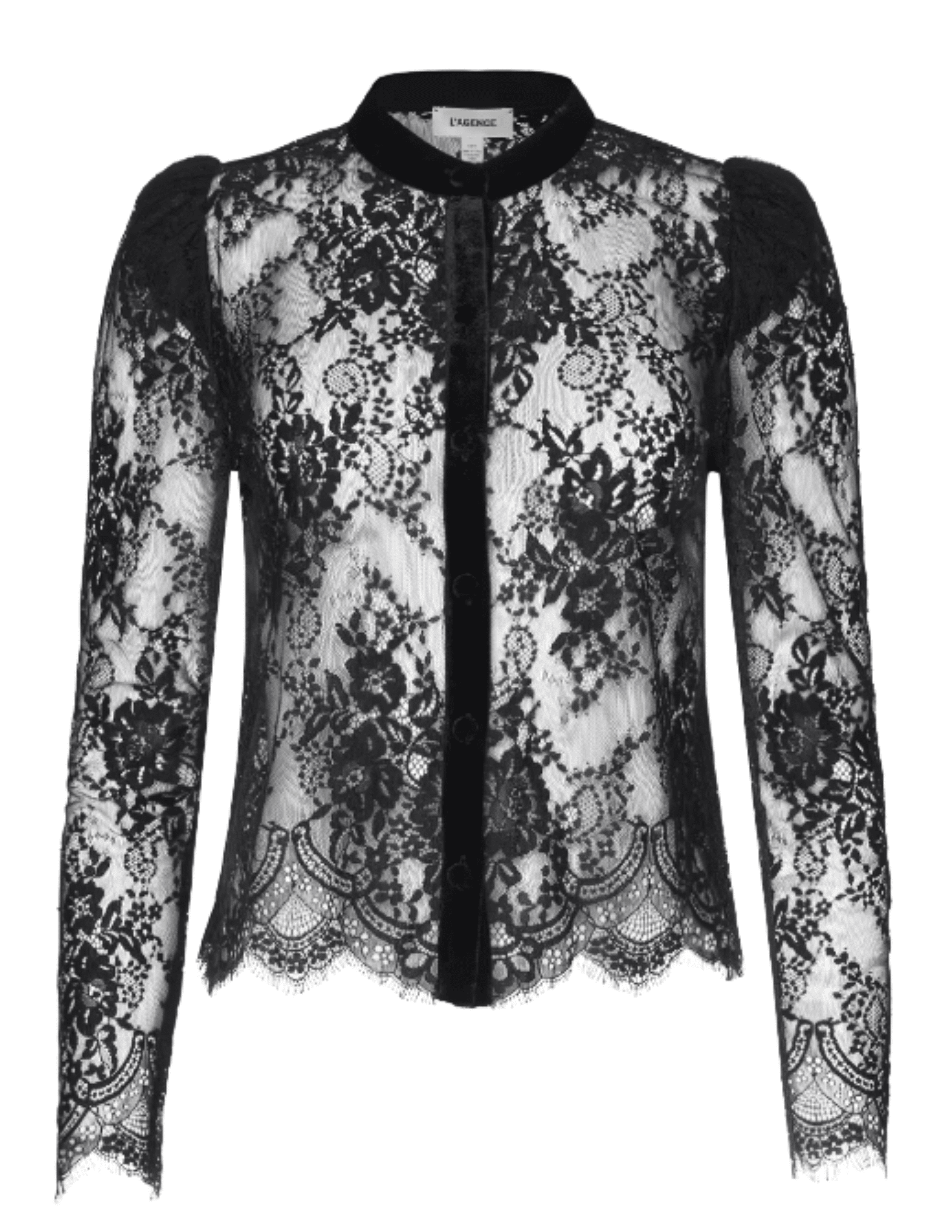 L'AGENCE Dorothea black Chantilly lace blouse with sheer floral detailing, velvet button placket and scalloped hem.