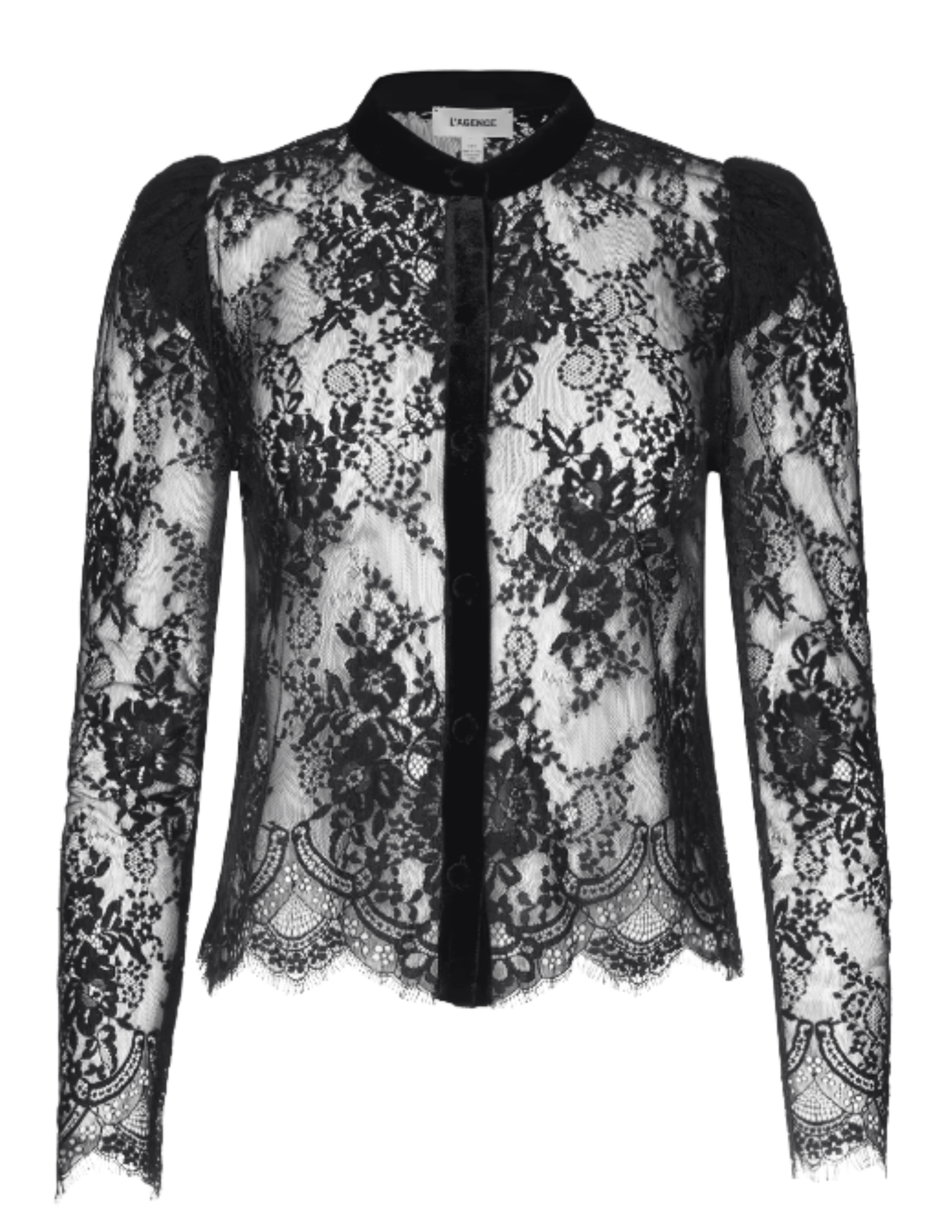 L'AGENCE Dorothea black Chantilly lace blouse with sheer floral detailing, velvet button placket and scalloped hem.