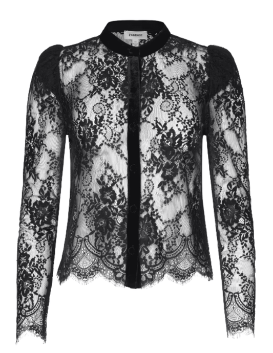 L'AGENCE Dorothea black Chantilly lace blouse with sheer floral detailing, velvet button placket and scalloped hem.