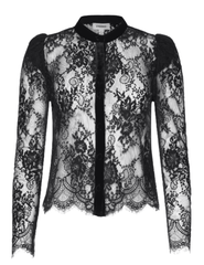 L'AGENCE Dorothea black Chantilly lace blouse with sheer floral detailing, velvet button placket and scalloped hem.