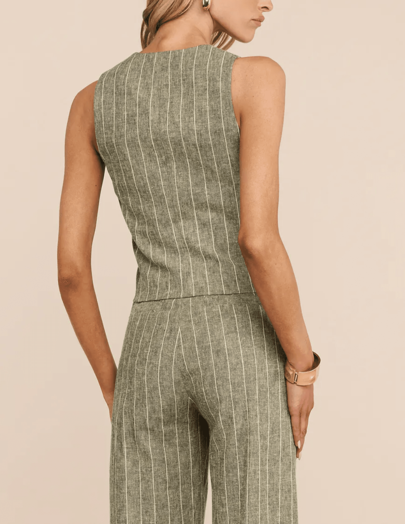 Back view L'AGENCE Drina Tailored Vest in Olive Green Pinstripe