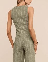 Back view L'AGENCE Drina Tailored Vest in Olive Green Pinstripe