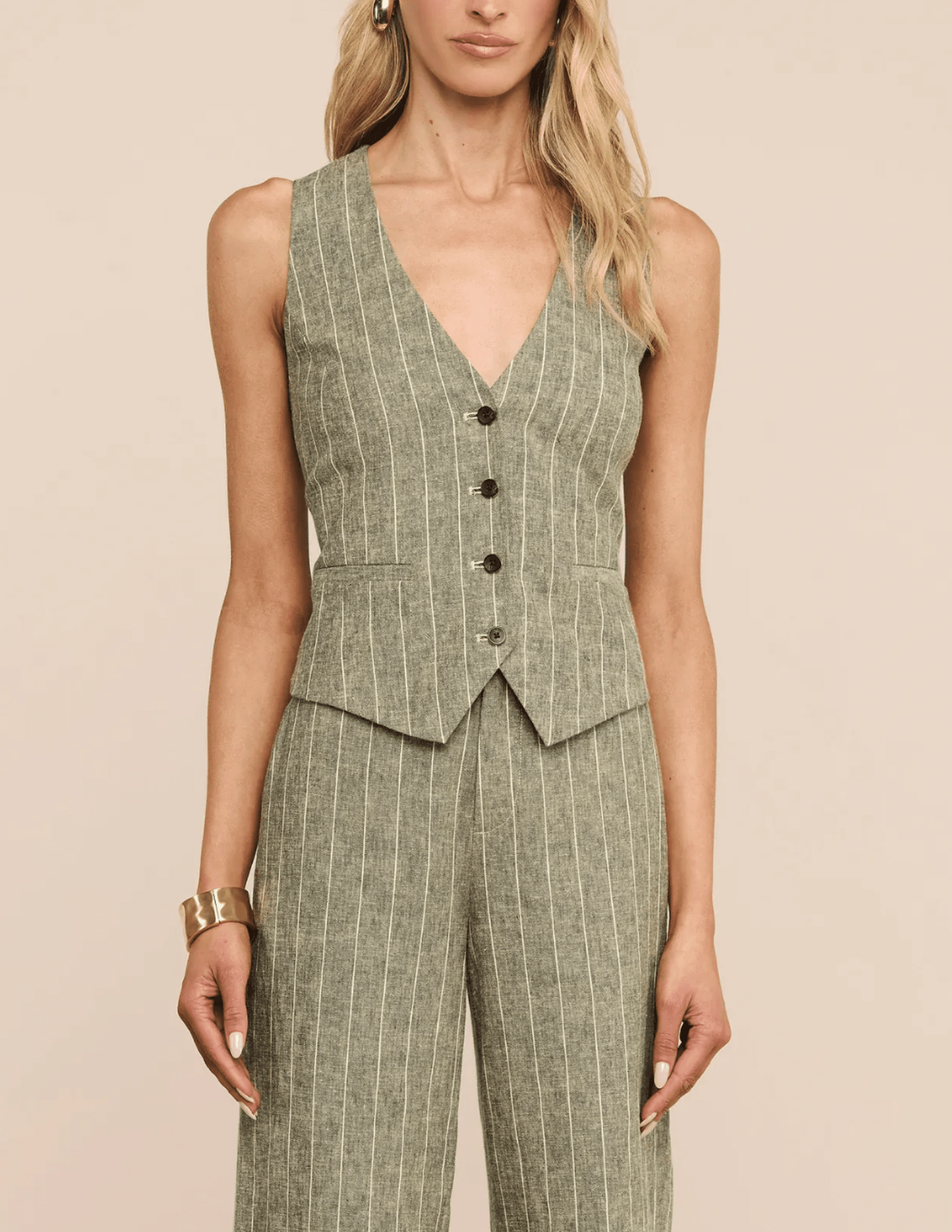 Front view of L'AGENCE Drina Tailored Vest in Olive Green Pinstripe