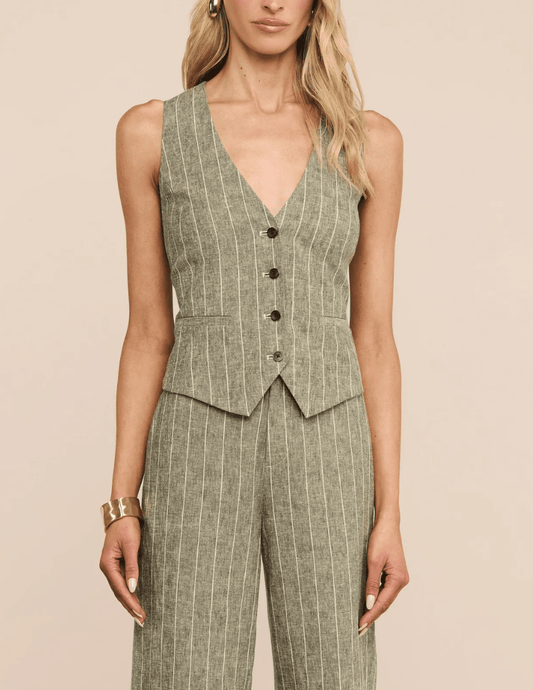 Front view of L'AGENCE Drina Tailored Vest in Olive Green Pinstripe