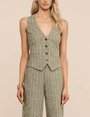 Front view of L'AGENCE Drina Tailored Vest in Olive Green Pinstripe
