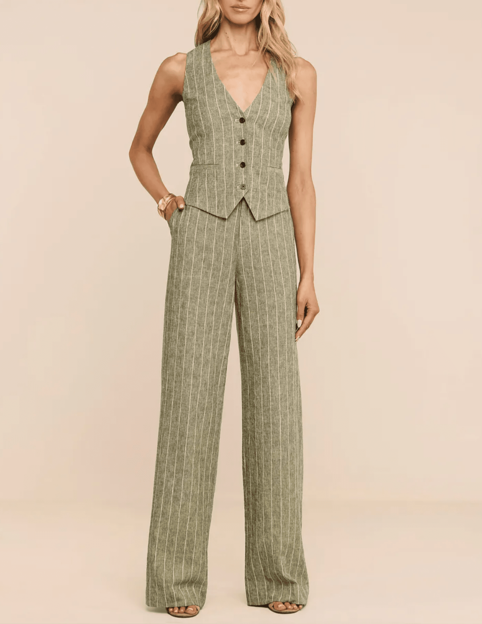 L'AGENCE Drina Tailored Vest in Olive Green Pinstripe on modal