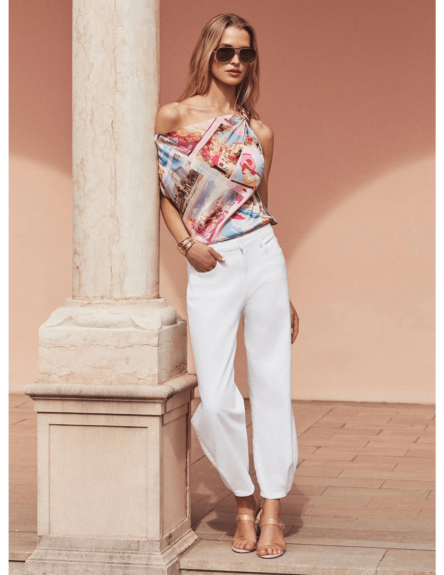 L'Agence Driselle scarf top in pink postcard print styled editorial