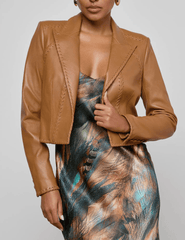 Front view of L’AGENCE Dulcie Leather Blazer featuring whipstitch details