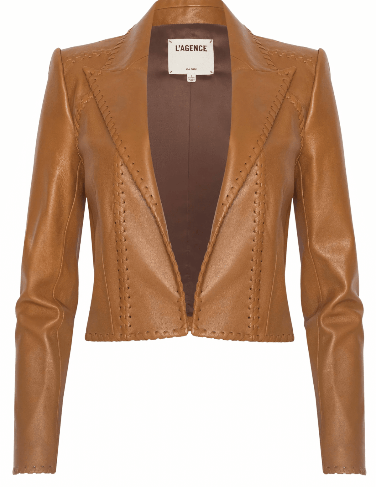 L’AGENCE Dulcie Whipstitch Leather Blazer in Soft Cognac front view