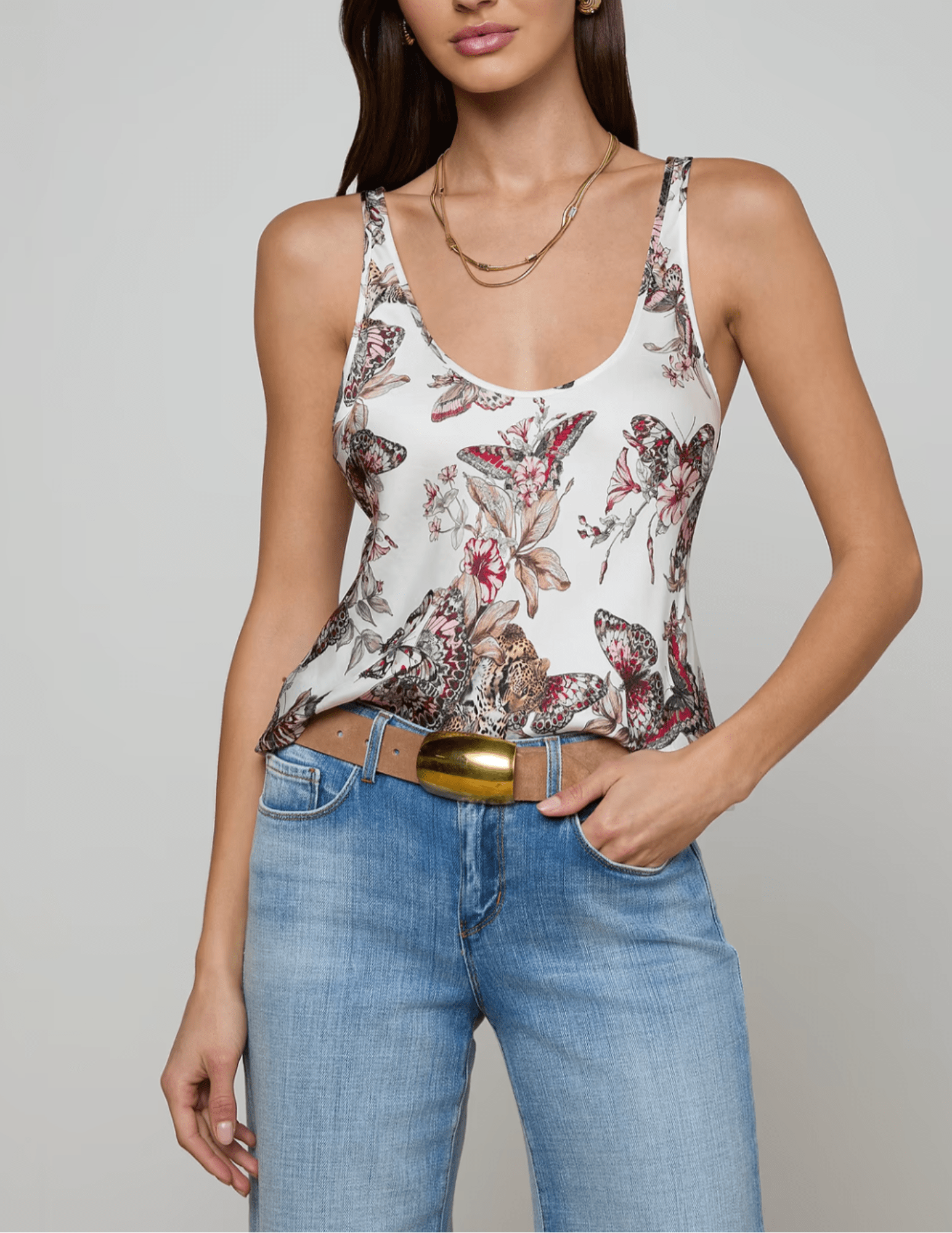 L’Agence Eddie satin tank white butterfly print front view