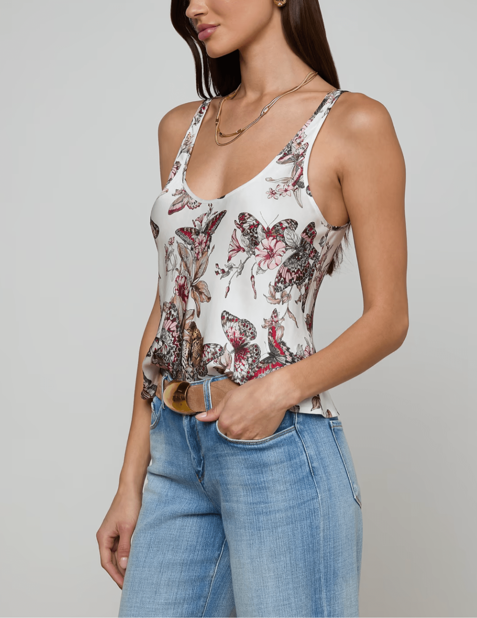 L’Agence Eddie satin tank white butterfly print side view