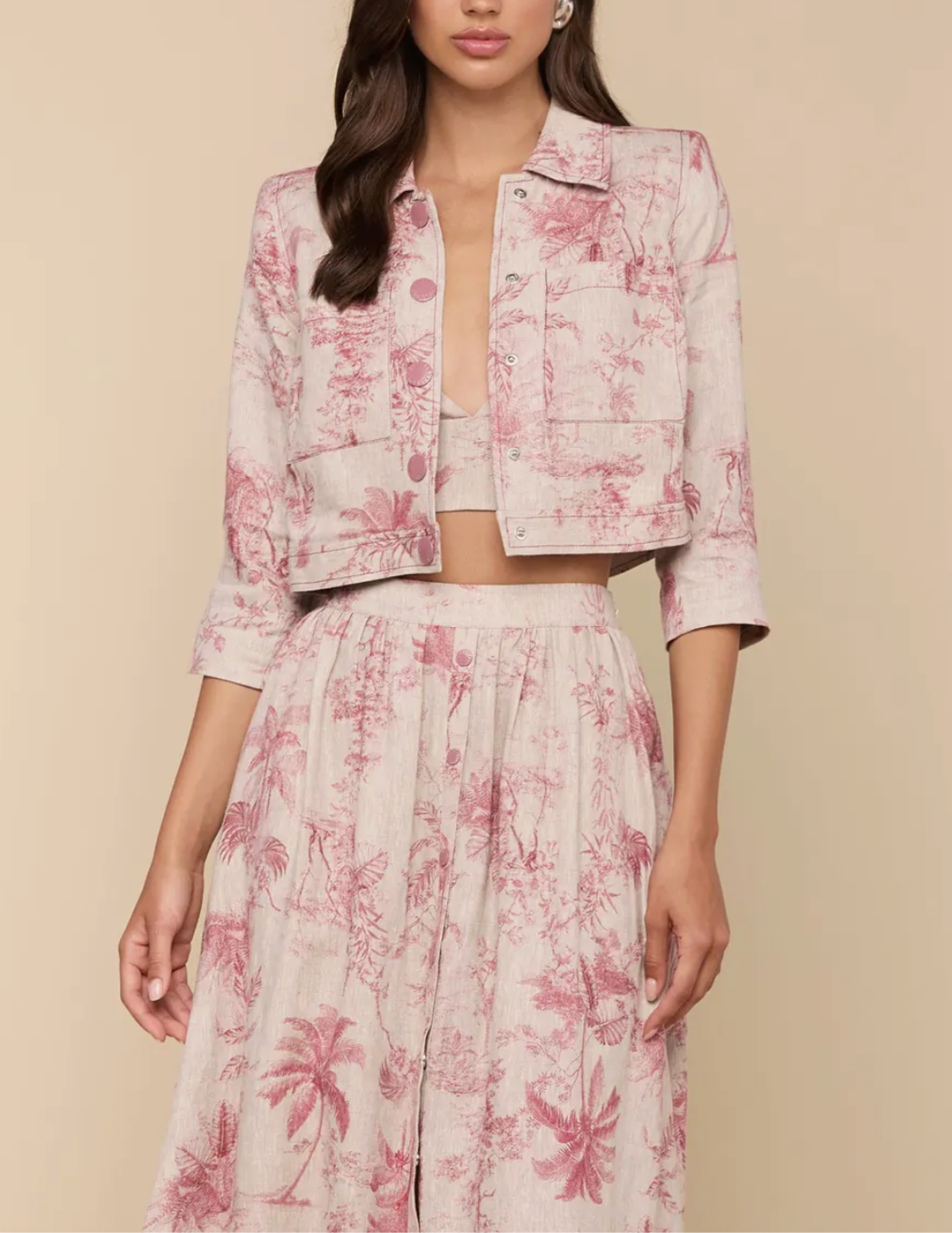 L'AGENCE Eden Cropped Linen Jacket in Tan Multi Textured Jungle Toile front view